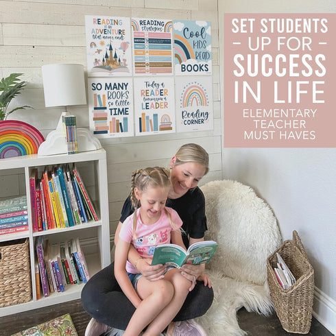 Hadley Designs 6 Reading Strategies Motivational Posters for Classroom, Boho Wall Decor, Read Corner Library Sign