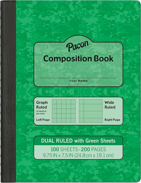 Pacon Green Dual Ruled Composition Book, 1/4" Grid & 3/8" Wide Ruled, 100 Sheets, 9-3/4" x 7-1/2"