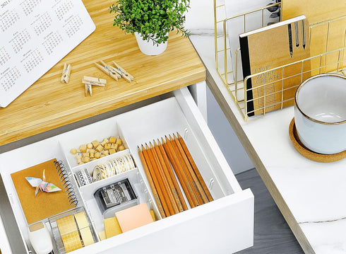 CAXXA 3 Slot Drawer Organizer, White - 4 Adjustable Dividers for Junk Drawer Storage, Office Desk Supplies