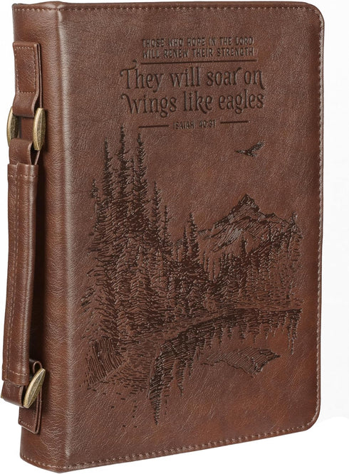 Christian Art Gifts Men's Classic Bible Cover, On Wings Like Eagles Mountain Isaiah 40:31, Brown Faux Leather