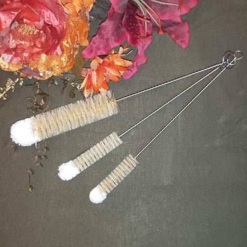 Set (3) NewFerU Stainless Steel Soda Bottle Cleaning Brush in Natural Boar Bristle Wool Tip Long Handle, Flexible