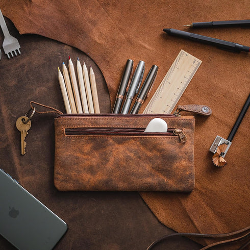 Moonster Leather Pencil Case Pouch, 8" x 4" - Leather Pen Case with Zipper Closure