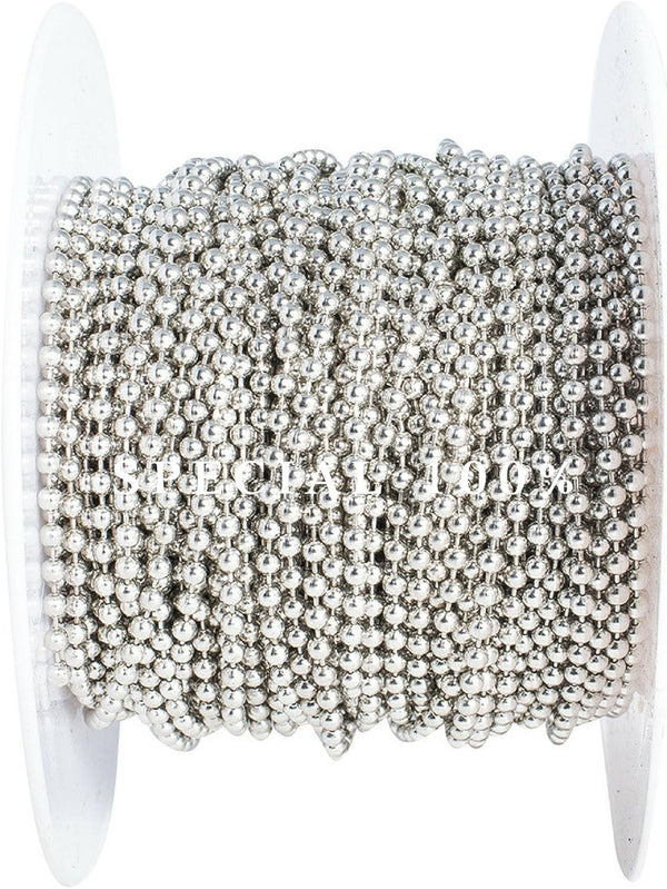 Ball Chain Spool #3 Nickel Plated Steel Bead Chain, 2.4 Diameter, 100 Feet with 30 Matching Connectors