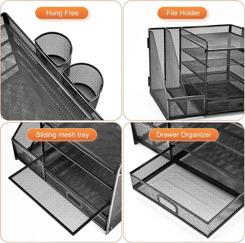 Marbrasse Desk Organizer with File Holder, 5-Tier Paper Tray Organizer with Drawer and 2 Pen Holders for Office Supplies
