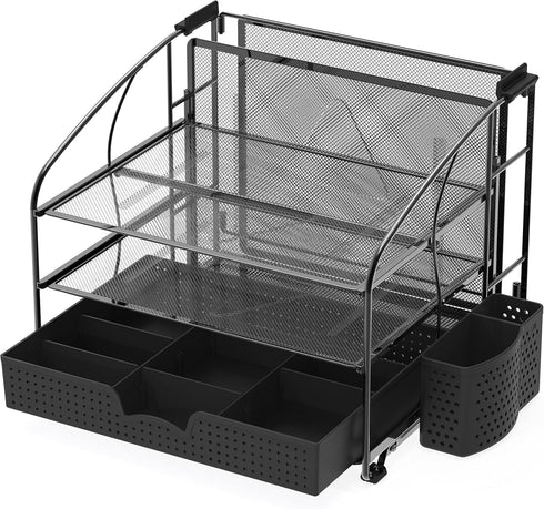 Simple Houseware Desk Organizer, 3 Tray with Sliding Drawer, Hanging File Holder, Black