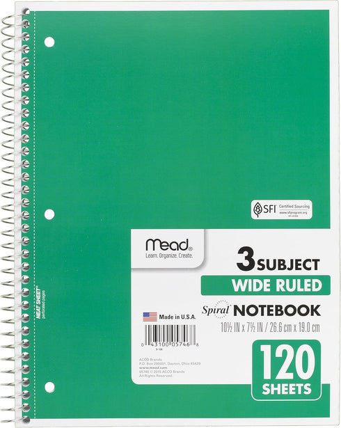 Mead 3 Subject Spiral Notebooks, Wide Ruled, 120 Sheets, 10-1/2" x 7-1/2", Red, Green, Blue, 3 Pack