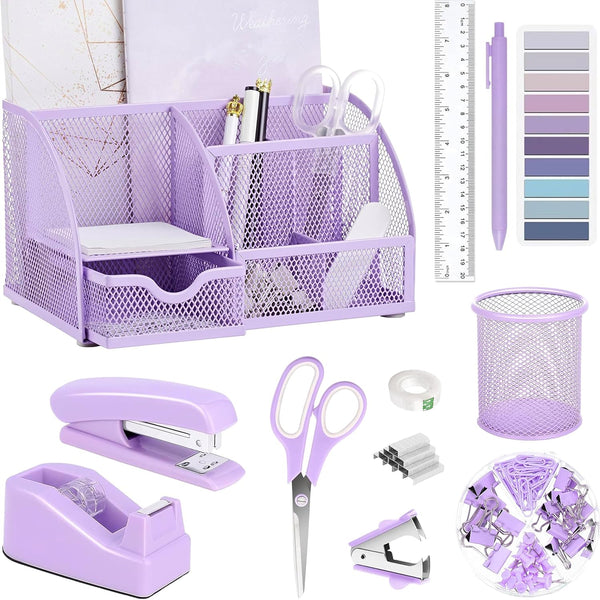 Purple Office Desk Accessories Supplies, 12-Piece Set with Desk Organizers, Tape Dispenser, Stapler, Scissors, Ruler,