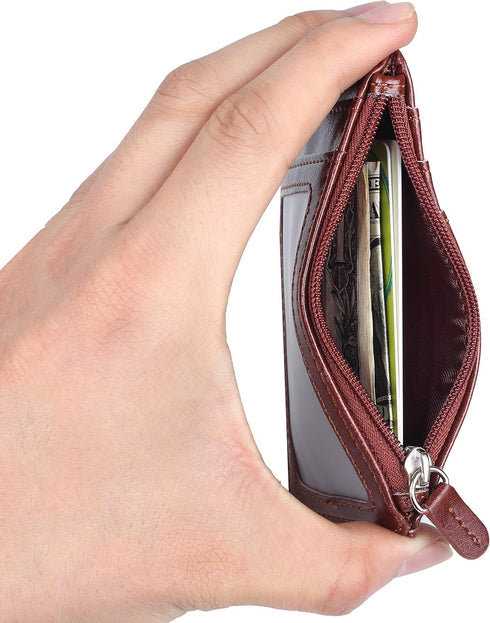 Wisdompro Badge Holder with Zip - 2-Sided Vertical PU Leather ID Holder with 1 ID Window, 4 Card Slots, Brown