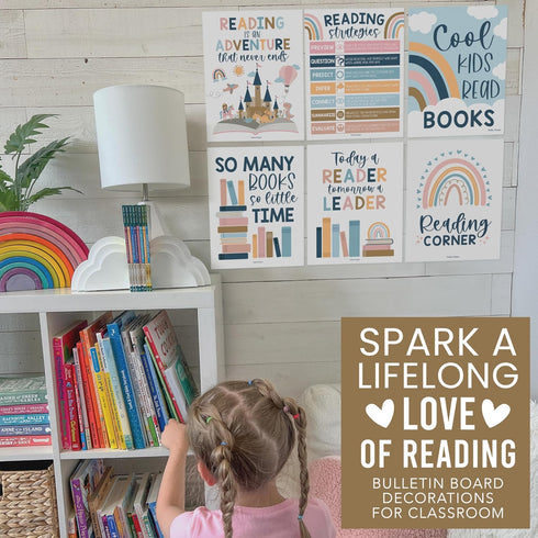 Hadley Designs 6 Reading Strategies Motivational Posters for Classroom, Boho Wall Decor, Read Corner Library Sign