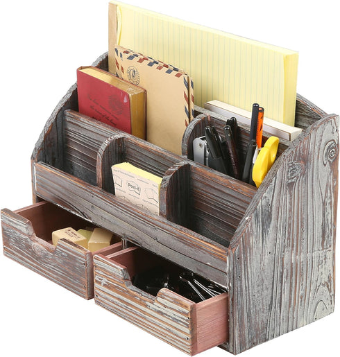 MyGift Desktop Organizer - Torched Wood with 6 Compartments and 2 Pullout Drawers for Office Supplies