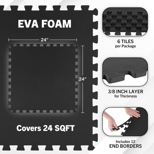 6-Pack 24 EVA Foam Mat Tiles - SQ FT of Interlocking Padding for Garage, Playroom, or Gym Flooring - Exercise Mat