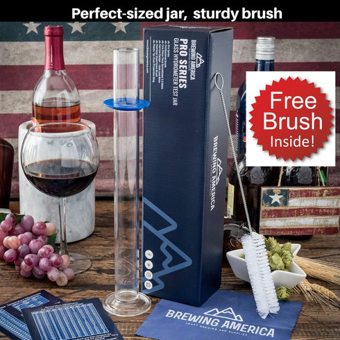 Brewing America Glass Hydrometer Test Tube Jar & Cylinder Brush - Narrow Flask for Alcohol by Volume Test - 3.3
