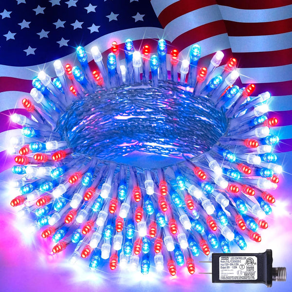 JMEXSUSS 4th of July Decorations Red White and Blue Lights, 33ft 100