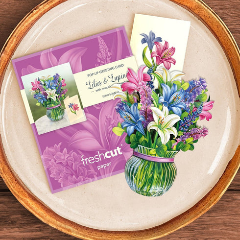 6 Inch 3D Freshcut Paper Pop Up Cards, Mini Lilies & Lupines, Mini Sized Forever Flower Bouquet Popup Greeting Cards