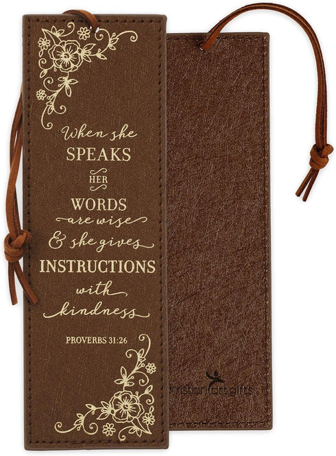 Christian Art Gifts Premium Vegan Faux Leather Scripture Bookmark, Proverbs 31:26 Inspirational Bible Verse