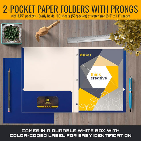 Better Office Products 50 Pack Blue Paper 2 Pocket Folders with Prongs, Letter Size, Matte Texture, 3 Metal Prong Clips