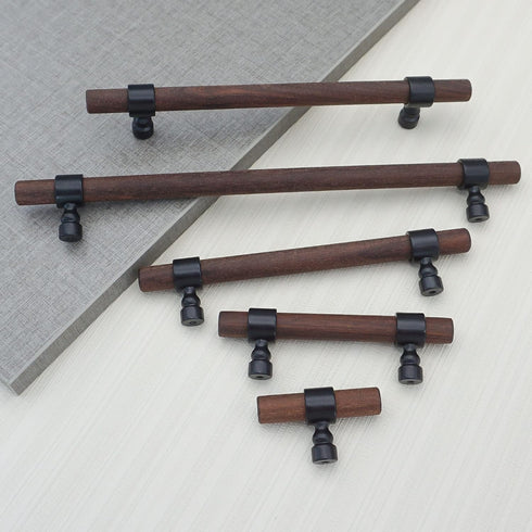 3" 3" Walnut Wood Cabinet Pull Handle Black Drawer Knob Pulls for Kitchen Beech Wood Dresser Knob (Walnut, Hole