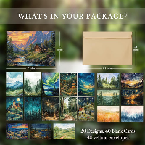 Blank Cards with Envelopes, Whimsical Watercolor Design Blank Greeting Cards 4x6, 40 Pack with Matching Rustic Envelopes