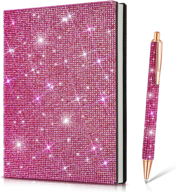 Notebook and Rhinestone Pen Sets, A5 Diamond Crystal Notebook, Crystal Pen, Bling Office Accessories, Rose Red