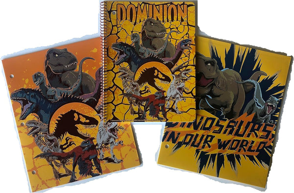 Dinosaur Back to School Themed Bundle, (2) 3-Hole 2-Pocket Portfolio Folders & (1) 50 Wide Ruled Sheets Notebook