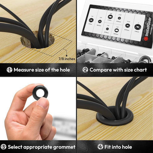 InstallGear 180pc Assorted Rubber Grommet Kit - 8 Sizes for Wiring Automotive, Rubber Wire Grommets