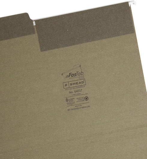 Smead 100% Recycled FasTab Hanging File Folder, 1/3-Cut Built-in Tab, Letter Size, 20 per Box