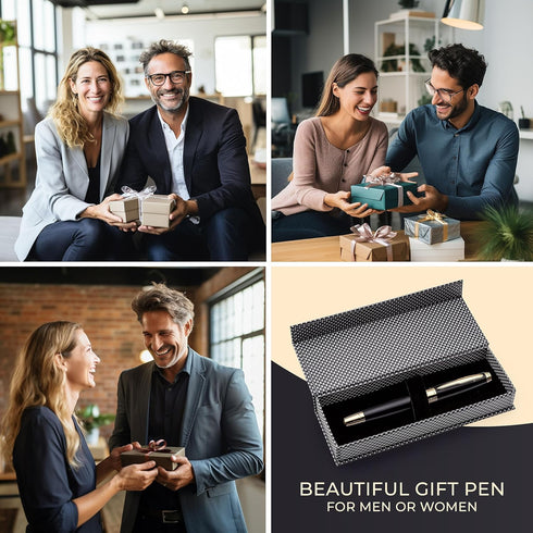 ZenZoi Matte Black & Gold Pen - Elegant Executive Rollerball Pen, Luxury Gift Set for Men, Women, Fine Point Gel Ink