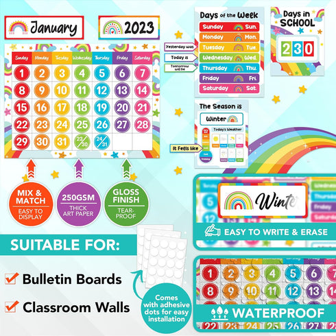 Decorably 147 Pcs Rainbow Calendar Bulletin Board Set for Classroom Teacher Calendar Set