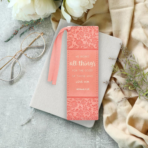 Christian Art Gifts Premium Vegan Leather Scripture Bookmark for Women, He Works All Things, Inspirational Bible Verse