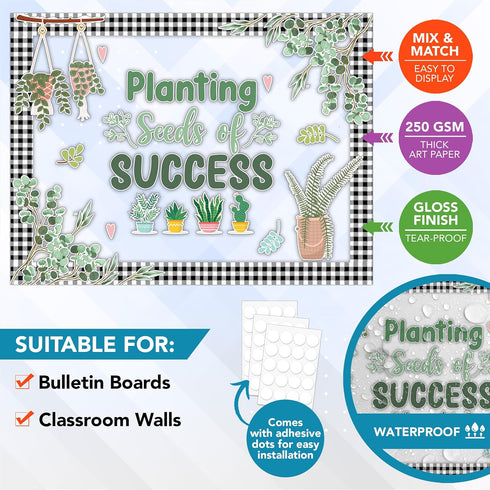 Decorably 62 Pcs Plant Bulletin Board Decorations Set with Borders - Plant Classroom Decor, Farmhouse Bulletin Board Decorations, Plant Decor for Classroom, Modern Farmhouse Classroom Decor