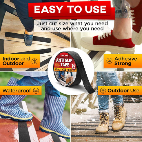 Grip Tape - Heavy Duty Anti Slip Tape for Stairs, Waterproof 1 Inch x 35 Ft Safety Non Skid Roll for Traction