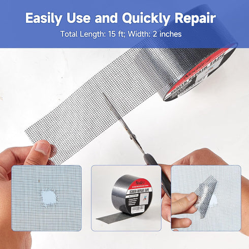 Window Screen Repair Tape, Strong Adhesive Kit for Windows or Doors, Mesh Repair (Black, 15 FT)