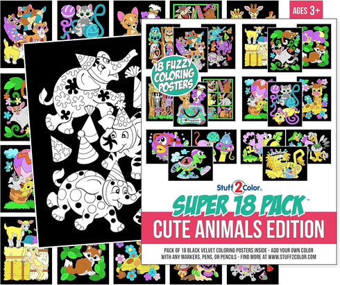 Super Pack of 18 Fuzzy Coloring Posters, Cute Animals Edition, Arts & Crafts Kit for Kids, Perfect for Quiet Time