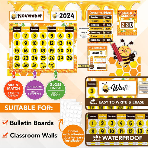 Decorably 157 Pcs Bee Classroom Decorations Set, Bee Calendar Numbers, Bumblebee Classroom Decor, Bulletin Board
