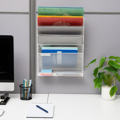 Mind Reader 5-Tier Vertical File Storage Desktop Organizer, Wall Mount, White Metal Mesh