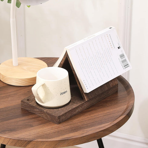 LETUBUYU Wooden Triangle Bookmark with Drink Holder, Night Stand Book Holder, Recipe Holder, Brown Wood Rest