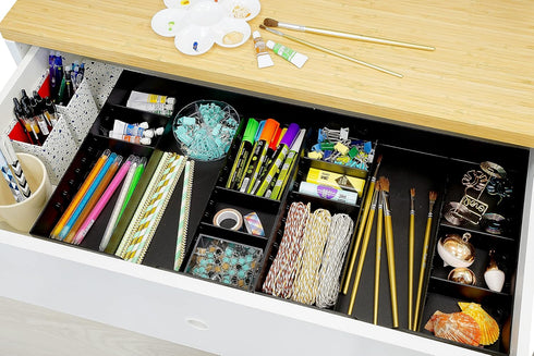 CAXXA 3 Slot Drawer Organizer - 7 Compartments Junk Drawer Storage for Makeup, Office Supplies, BLACK (2 pack)