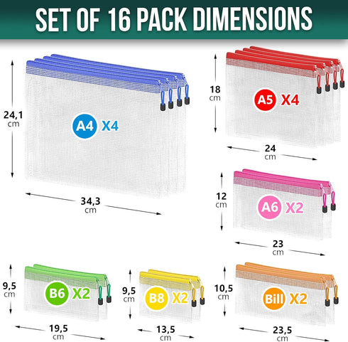 JUZARI 16 Pack Assorted Sizes Plastic Mesh Zipper Pouches - Storage & Organize Board Games, Puzzles, Documents, Bills,