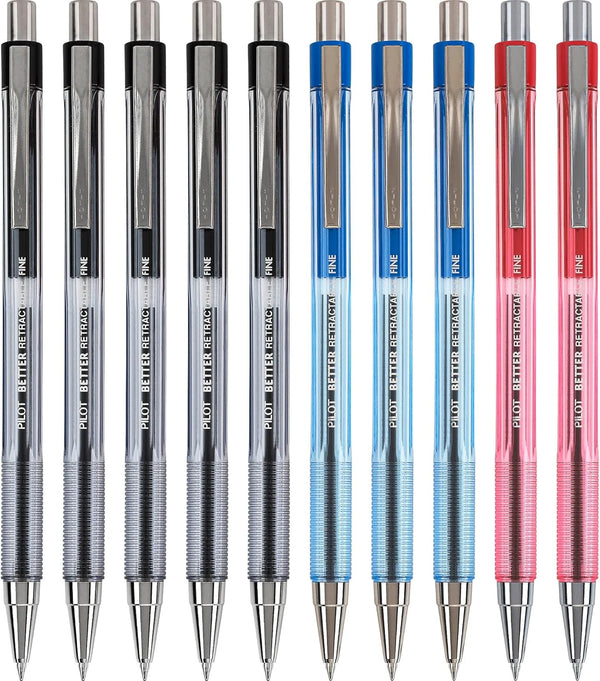 Pilot Better Ball Point Retractable Pens, Fine Point Assorted Colors, 10 Count for Smooth Writing