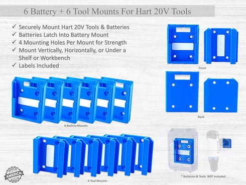 For Hart 20V Cordless - Tool & Battery Mounts Hangers Holders Brackets - 12 Pack - 6 Tool + 6 Battery Mounts