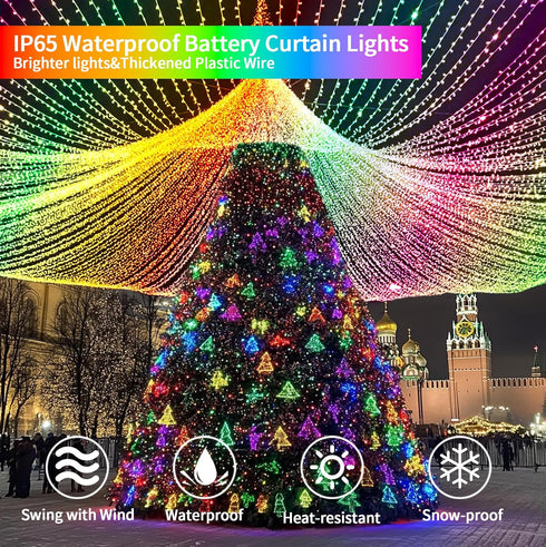 10x10Ft 300LED 8 Dimmable Curtain Lights Battery Operated Waterproof Waterfall Light with Modes Remote Timer Memory