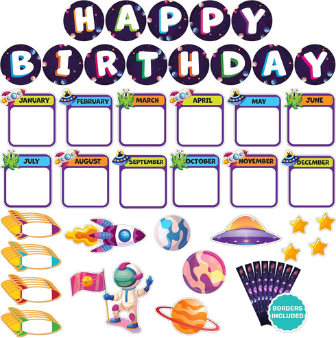 Decorably 93Pcs Space Birthday Board Classroom Decor, Happy Birthday Bulletin Board with Accompanying Borders