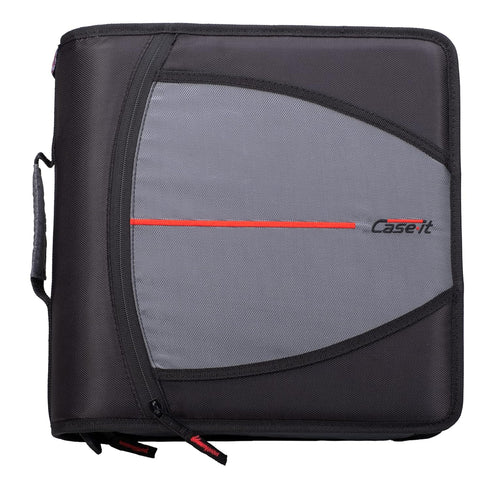Case-it Mighty Zip Tab Zipper Binder, Jet Black, 3" O-Ring, 5-Color Tabs, Expanding File Folder, Shoulder Strap