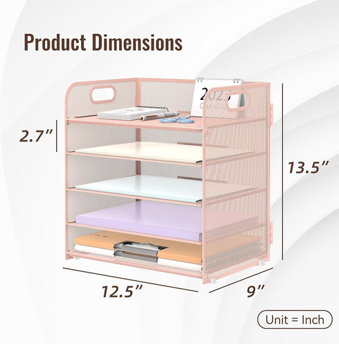 Supeasy 5 Trays Paper Organizer Letter Tray with Handle, Mesh Desk File Sorter for Office, Home or School