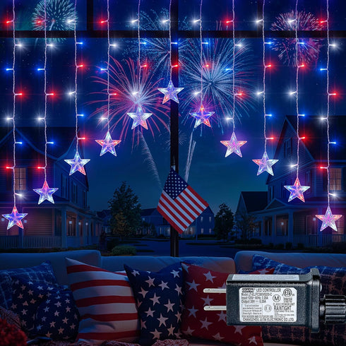 4th of July Patriotic Star Icicle Lights,red White and Blue Curtain String,11.5ft