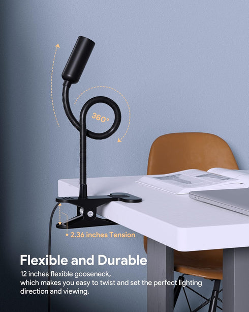 JHD LED Desk Lamp with Clamp, 10 Brightness Levels, 12" Flexible Gooseneck, Eye Protection USB Lamp for Home Office &
