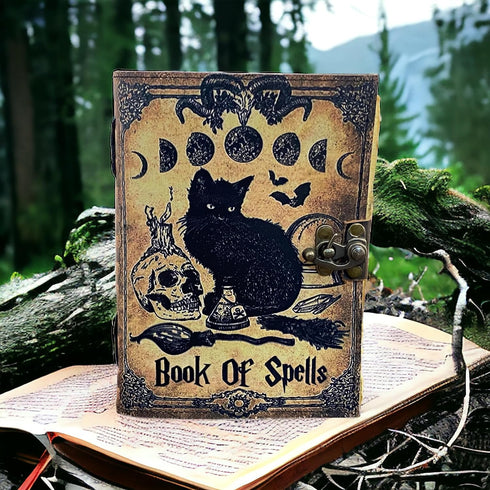 Blank Spell Book of Shadows Grimoire Journal, Magic Cat Printed, Witchcraft Supplies, 7x5 inches Leather Sketchbook