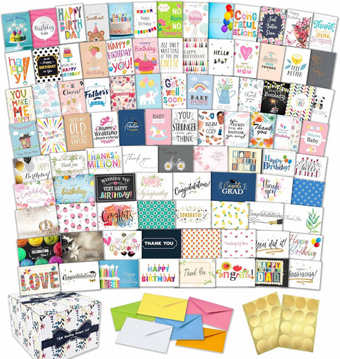 T&M Quality Designs LLC 100 All Occasion Cards Assortment Box with Envelopes and Stickers - Large