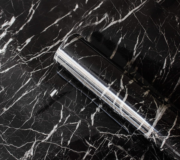 RANRAN Marble Contact Paper Granite Black Roll, Self Adhesive Peel and Stick Wallpaper for Kitchen Countertop Cabinet