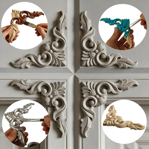 Nsrisml 5Pcs (12x12cm/4.72"x4.72") Wood Carved AppliquesOnlays Unpainted Wooden Corner Carving Decals for Mirrors